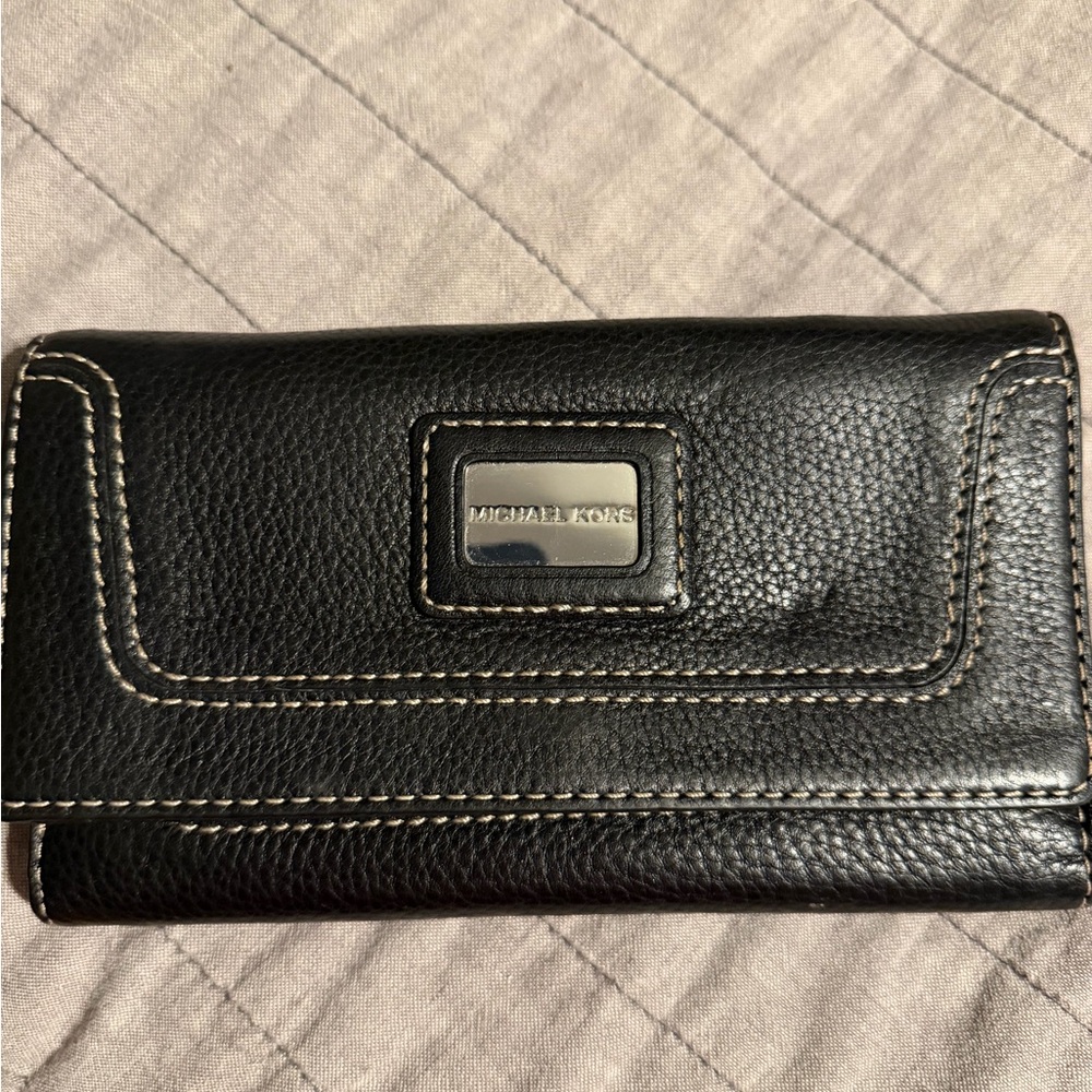 Michael Kors, black leather wallet with silver hardware